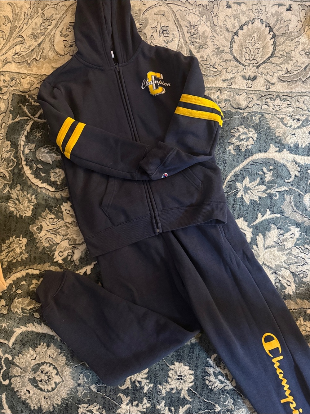 Champion Navy Jogger Bottoms with Yellow Logo kids large 12yo